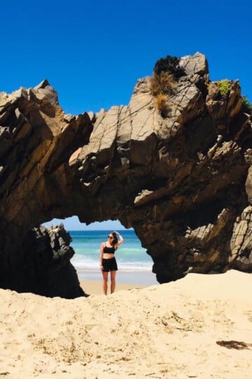 Beck at the Bruny Island arch on the Cape Queen Elizabeth walk