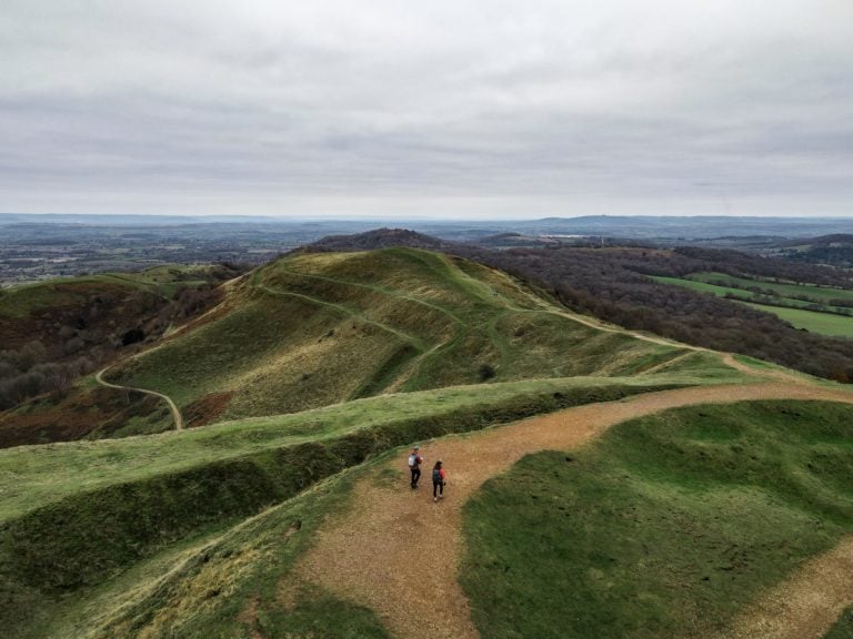 Aerial shot of Dan and Beck on the Malvern Hills Circular Walk