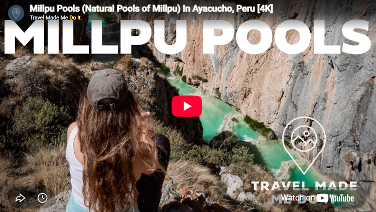 Becks sits near the edge of a cliff overlooking the Millpu Pools in Peru