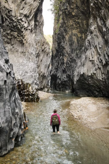 Beck at Gole dell'Alcantara (Alcantara Gorges), after entering the Gole Alcantara Botanical and Geological Park (AKA Alcantara River Park) in Sicily