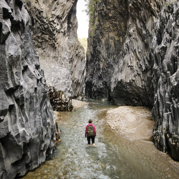 Beck at Gole dell'Alcantara (Alcantara Gorges), after entering the Gole Alcantara Botanical and Geological Park (AKA Alcantara River Park) in Sicily