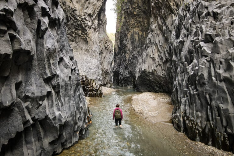 Beck at Gole dell'Alcantara (Alcantara Gorges), after entering the Gole Alcantara Botanical and Geological Park (AKA Alcantara River Park) in Sicily