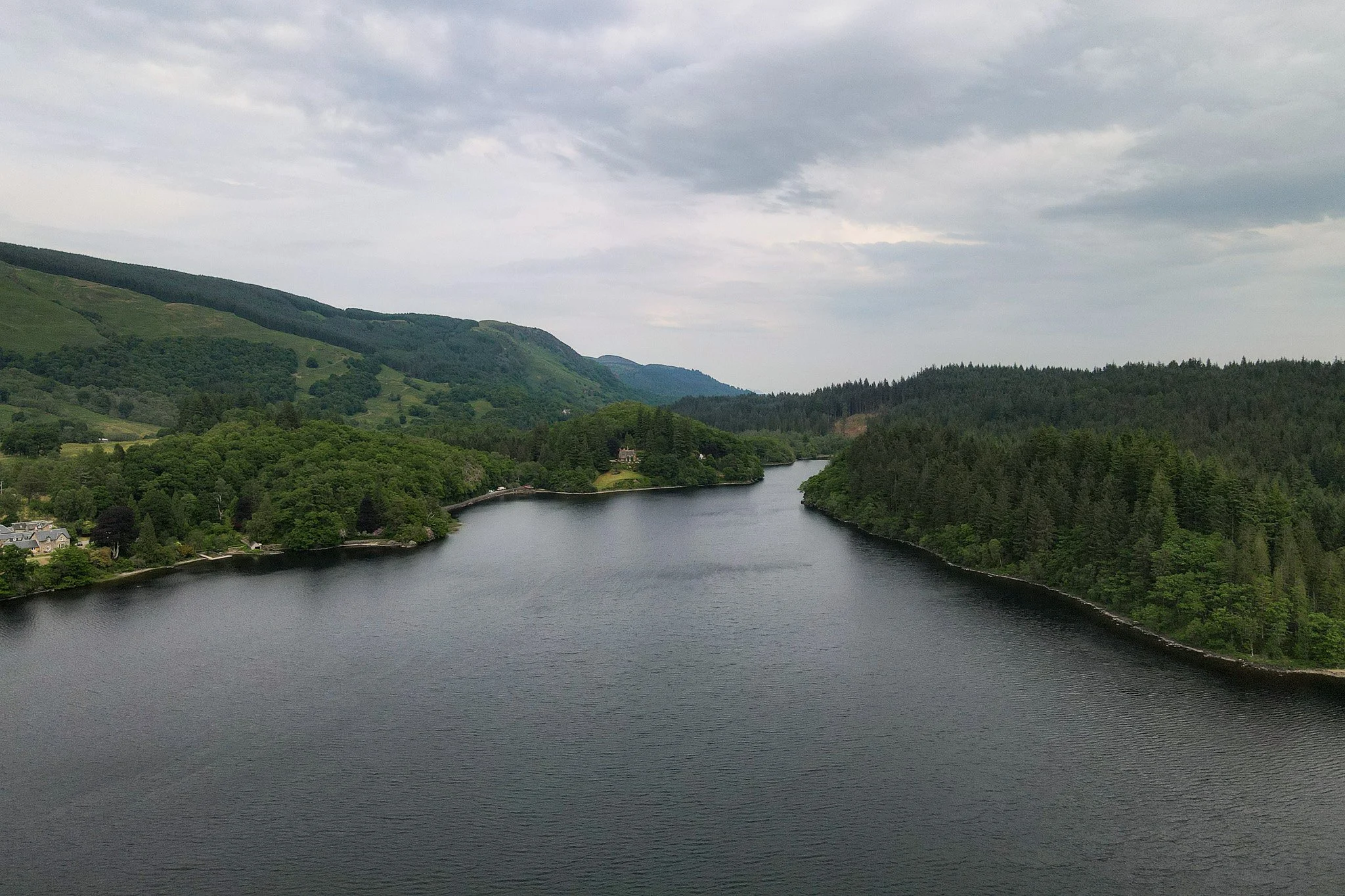 An aerial shot of Loch Ard near Aberfoyle