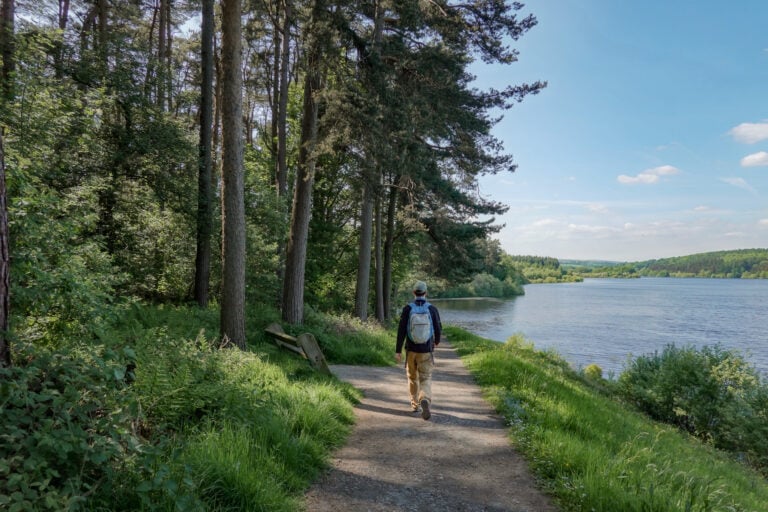 Dan walks by Fewston Reservoir after walking by Swinsty Reservoir