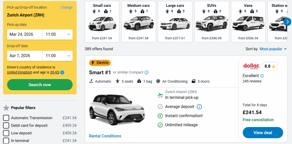 The Discover Cars home page, with a search engine function