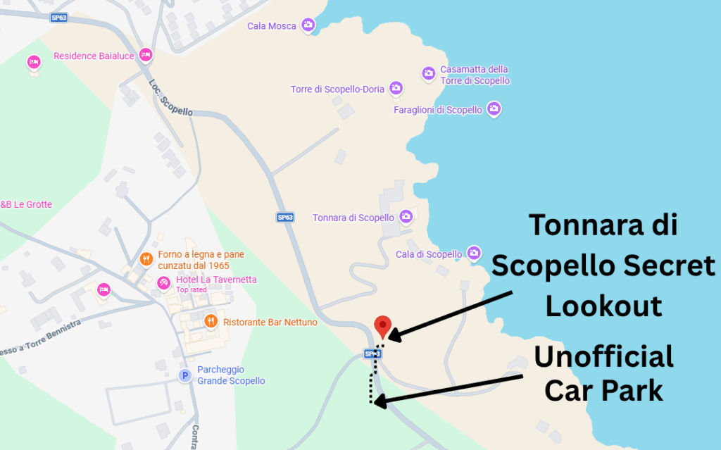 A map showing an unofficial car park for the Tonnara di Scopello viewpoint that's free to access