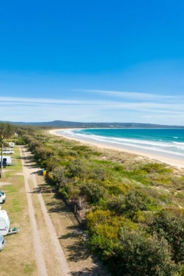 Aerial shot of a caravan park near Merimbula