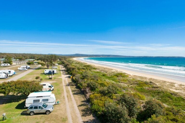 Aerial shot of a caravan park near Merimbula