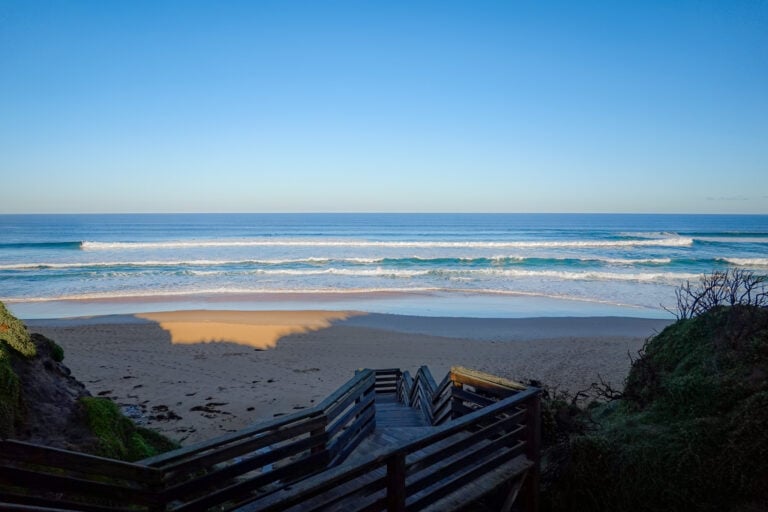 Views down the wooden staircase walks to Cape Woolamai Beach attraction on Phillip Island