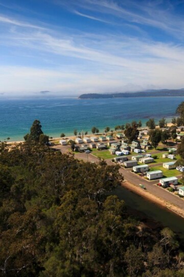 An aerial shot of a caravan park in Eden, NSW