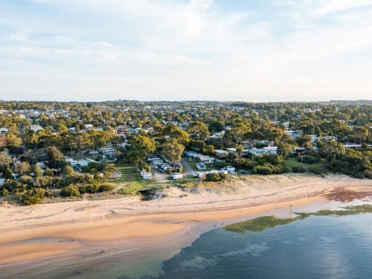 Aerial shot of NRMA camping and caravan park at phillip Island