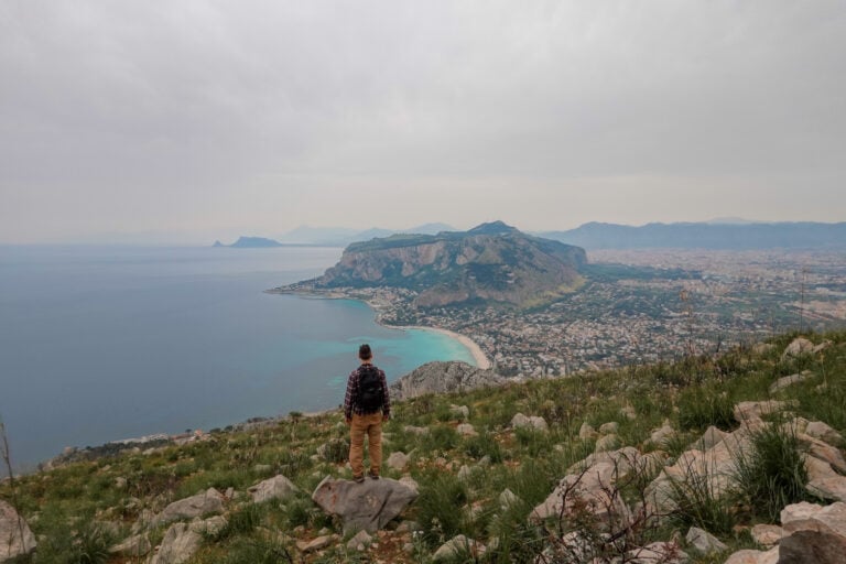 Dan looks at views of Mondello Beach from the peak of Capo Gallo Nature Reserve