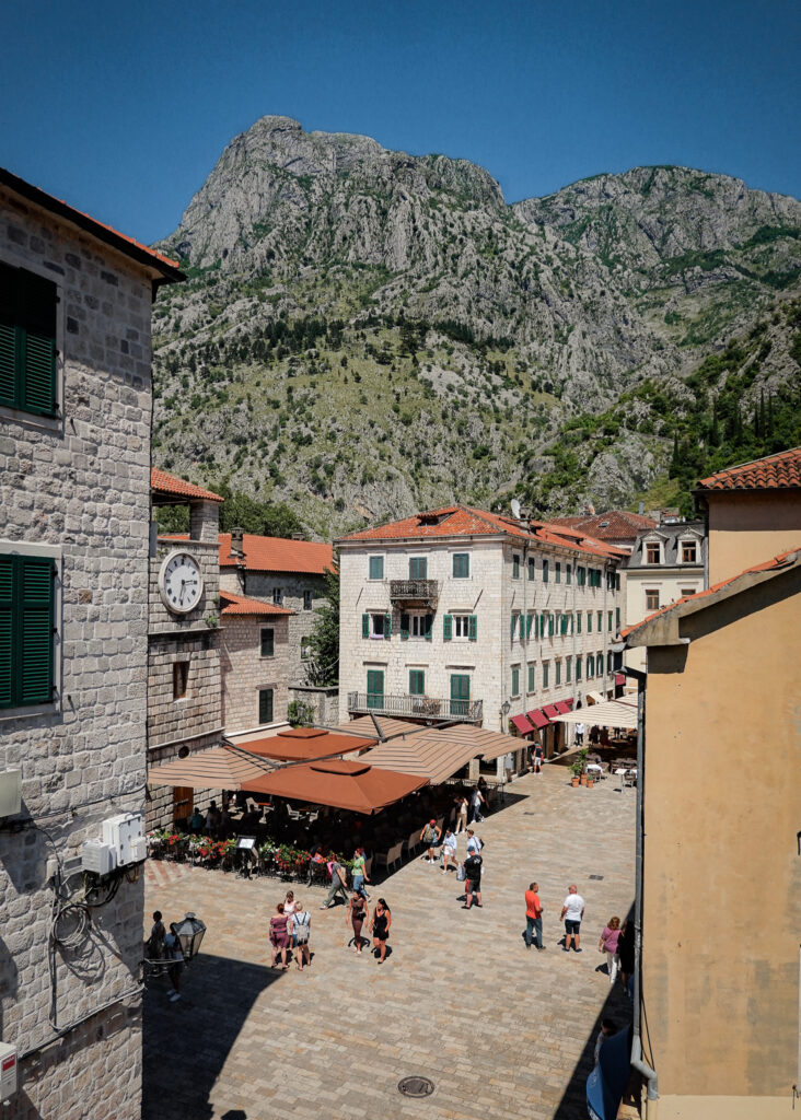 Looking down into one of the main squares in Kotor old town from the city walls walk