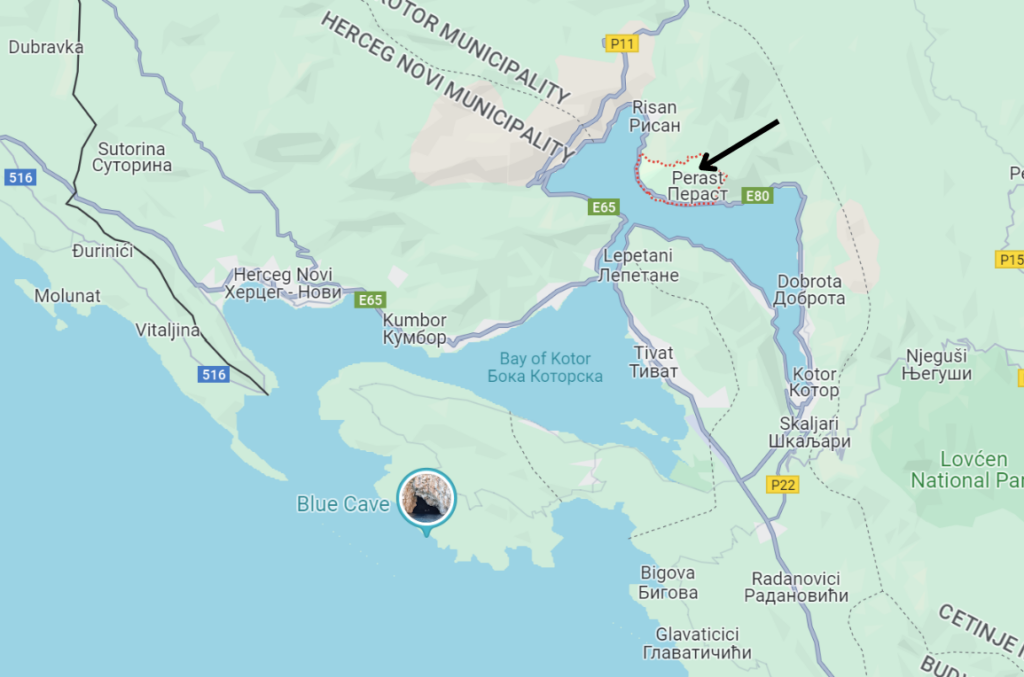 Google map showing the location of Perast Montenegro