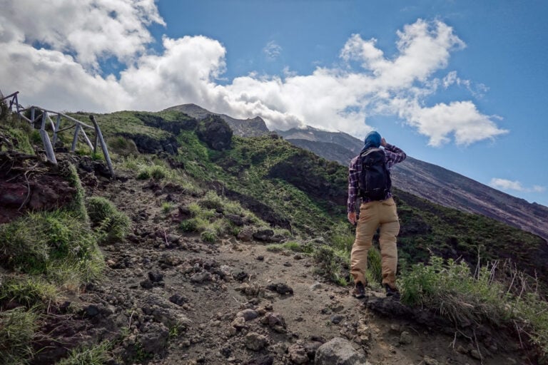 After hiking Stromboli without a guide, Dan stops and looks at the volcano