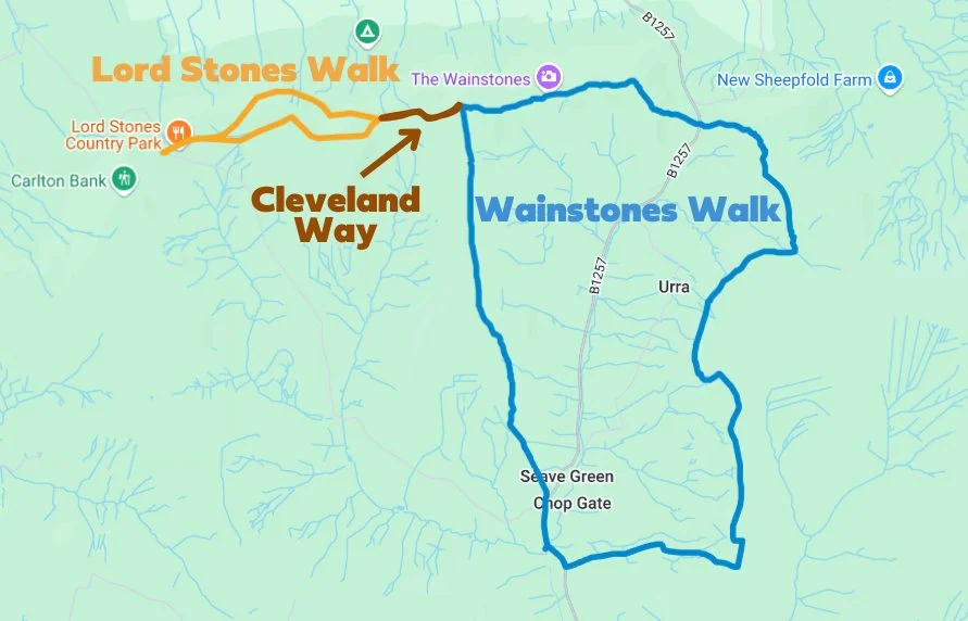A map showing the Lord Stone Walk and the Wainstones Walk connected by a trail called the Cleveland Way