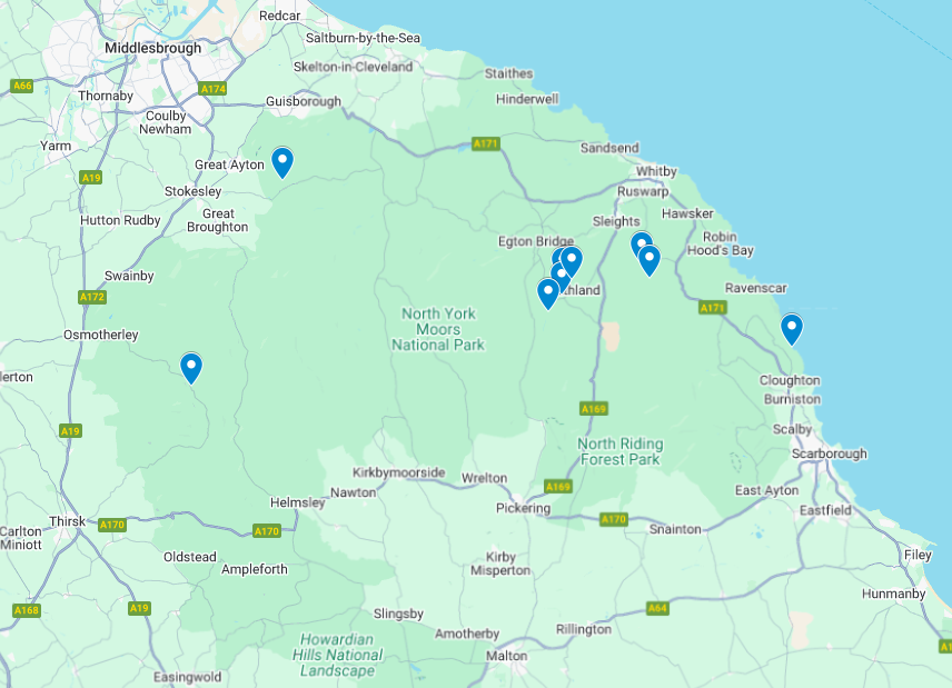 A map showing the location of the best North York Moors waterfalls