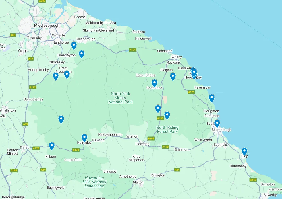 A screenshot of an interactive map showing the best walks in the North York Moors