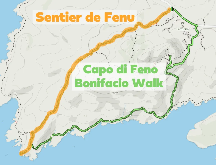 A screenshot of the Capo di Feno Bonifacio Walk AllTrails map, which highlights a section called Sentier de Fenu