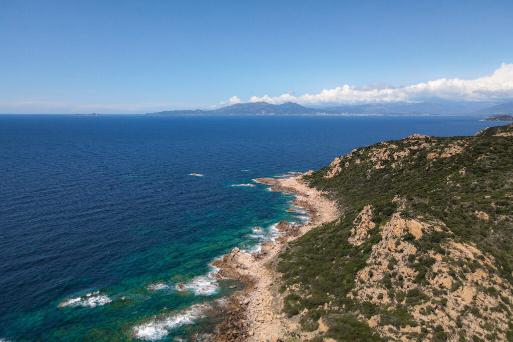 Aerial view of the western coastline of Capu di Muru in Corsica