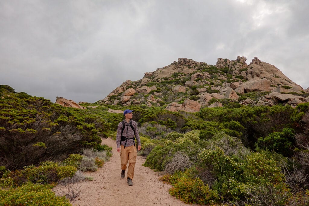 Dan walks on an overcast day on a nature trail called Sentier de Fenu on a cape called Capo di Fenu in Bonifacio