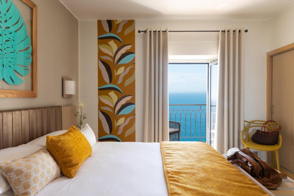 A hotel room with water views
