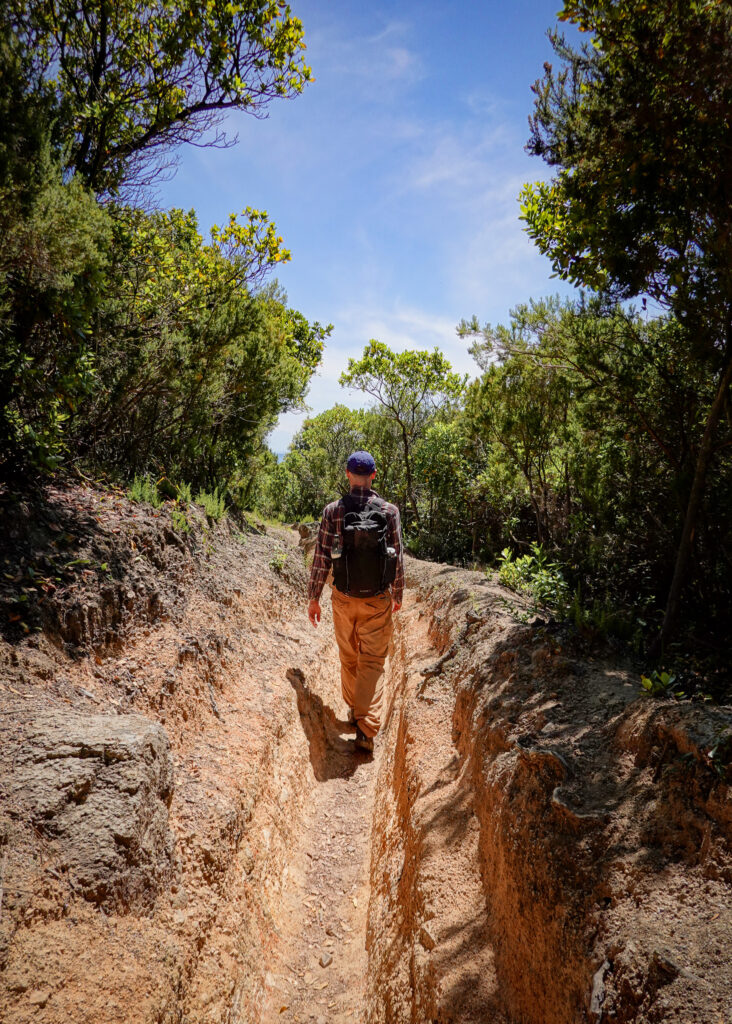 Dan walks on a narrow trail on walk called Sentier des Crêtes Ajaccio