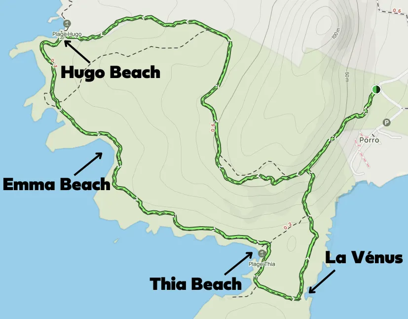 A screenshot of an AllTrails map of Sentier Littoral des Bruzzi illustrating the located of beaches to visit along the walk