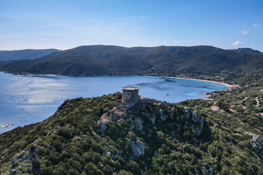An aerial view of Tour de Campomoro captured by drone during a walk called Sentier du littoral de Campomoro