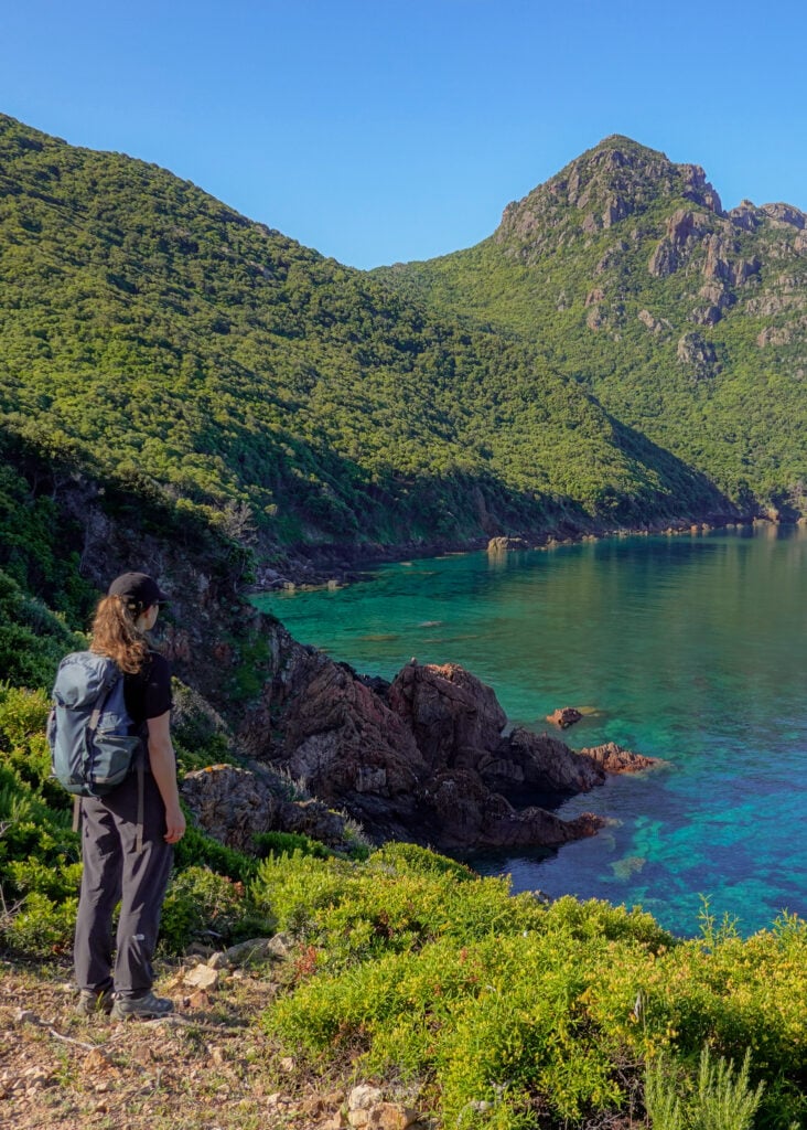 Beck stands and looks at a bay surrounded by rocky peaks during a walk called Sentier du Facteur Girolata