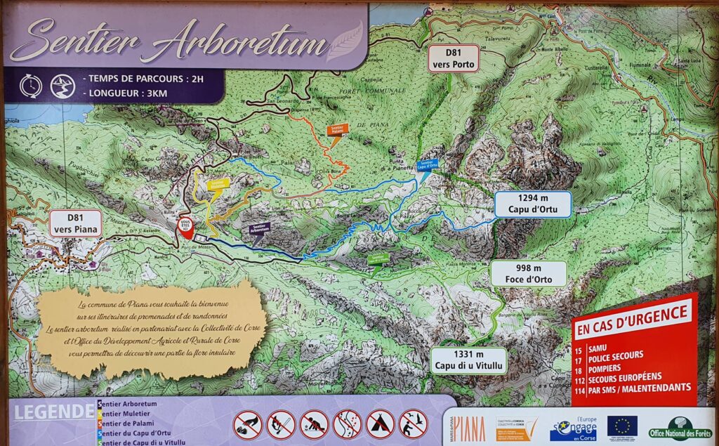 A map showing hikes in the Calanques de Piana area