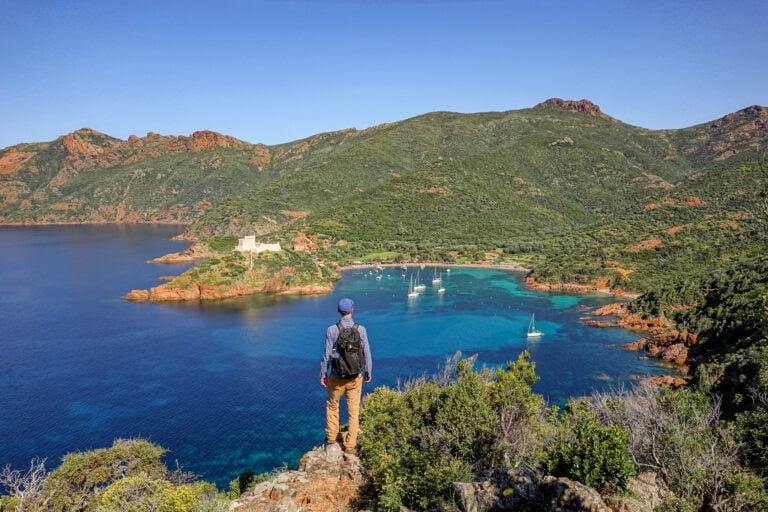Dan stands at a vantage point and looks at a beach during a walk called Sentier du Facteur Girolata