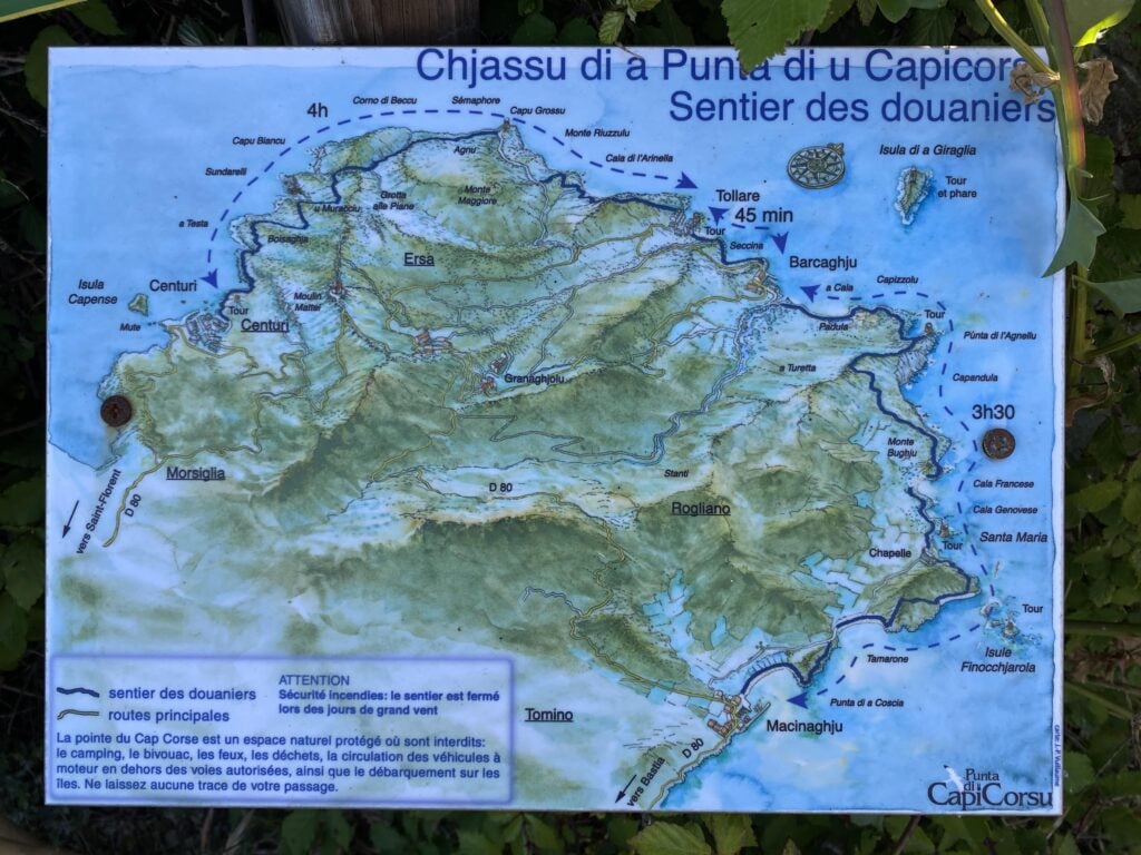 A map of a hike in Corsica called Sentier des Douaniers Cap Corse