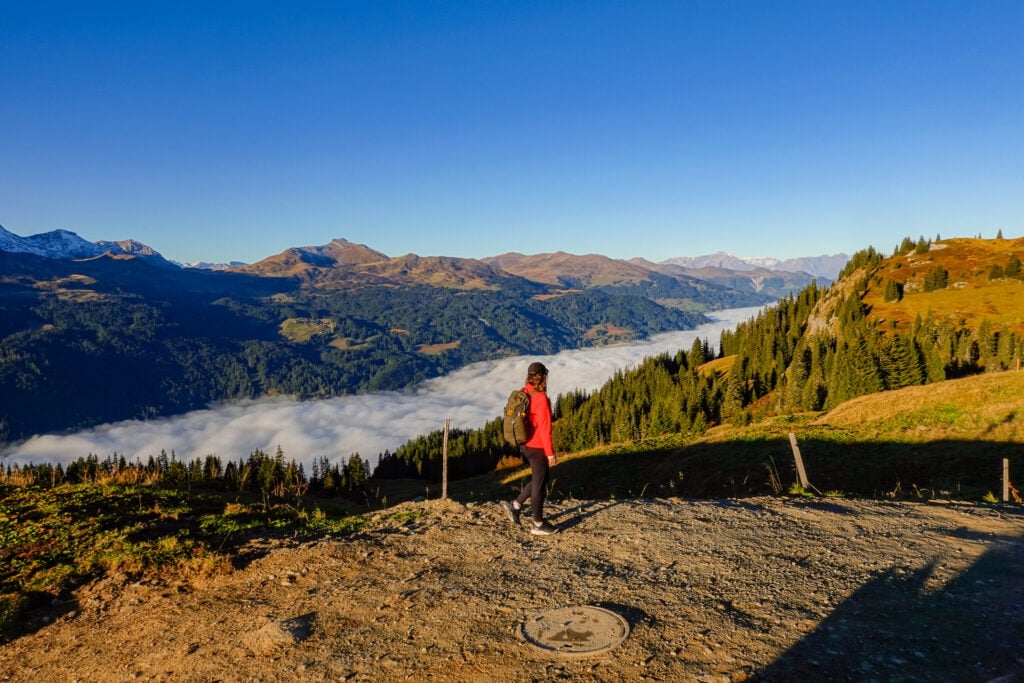 Becks walks on a track during the Madrisa Hike to Ratschenhorn