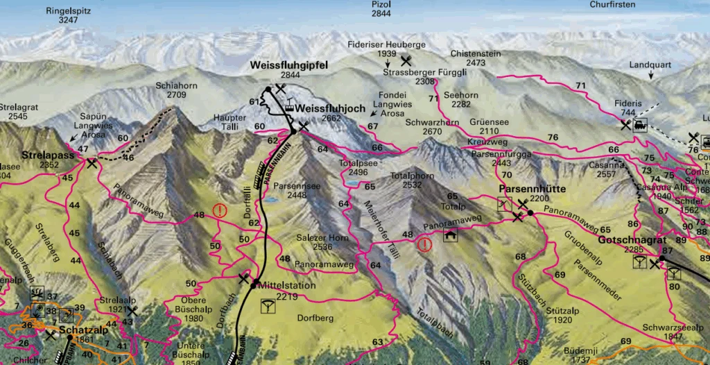 A map showing the Davos Panoramaweg as well as other hiking routes in the area