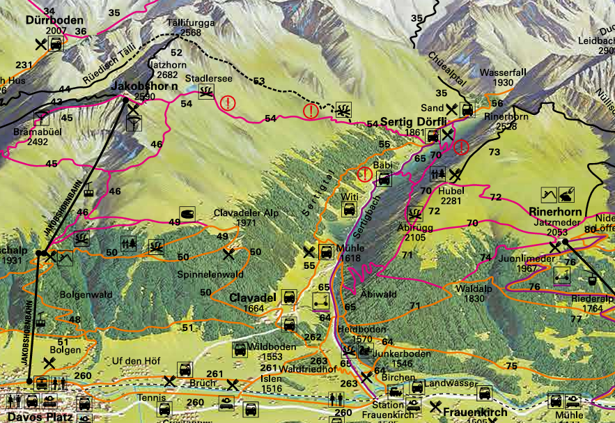 A illustrative map of the Jakobshorn Hike to Sertig