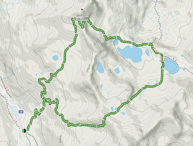 A screenshot of a map, showing a birds-eye view of the Joriseen Hike