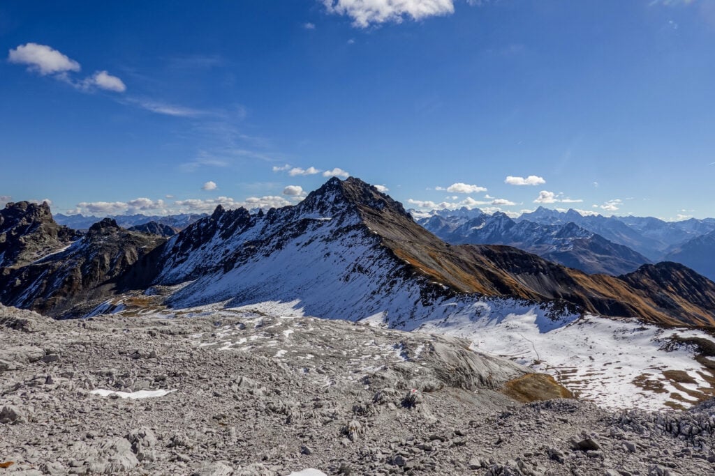 The limestone plateau summit of a mountain called Ratschenhorn seen during a hike from Madrisa