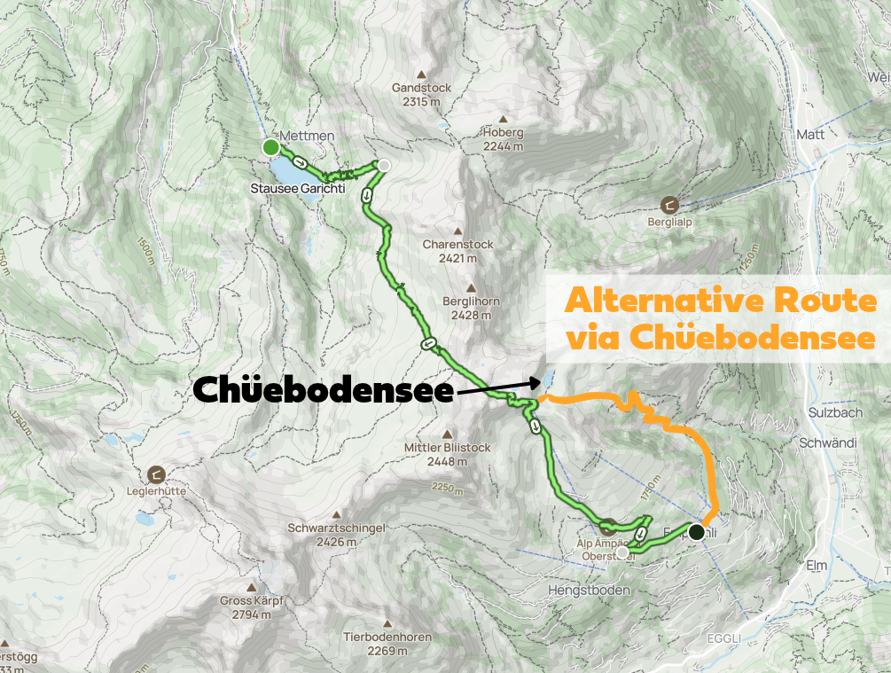A screenshot of a map showing the Kärpfwanderung route and also an alternate route via a lake