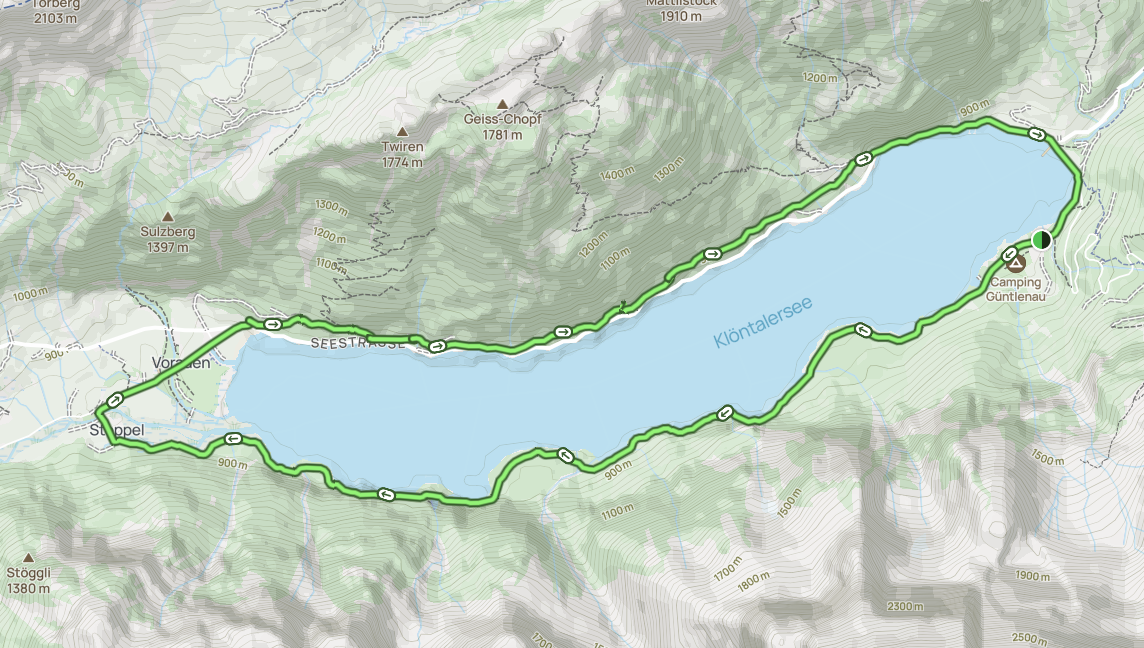 A screenshot of a Klöntalersee Rundwanderweg AllTrails map