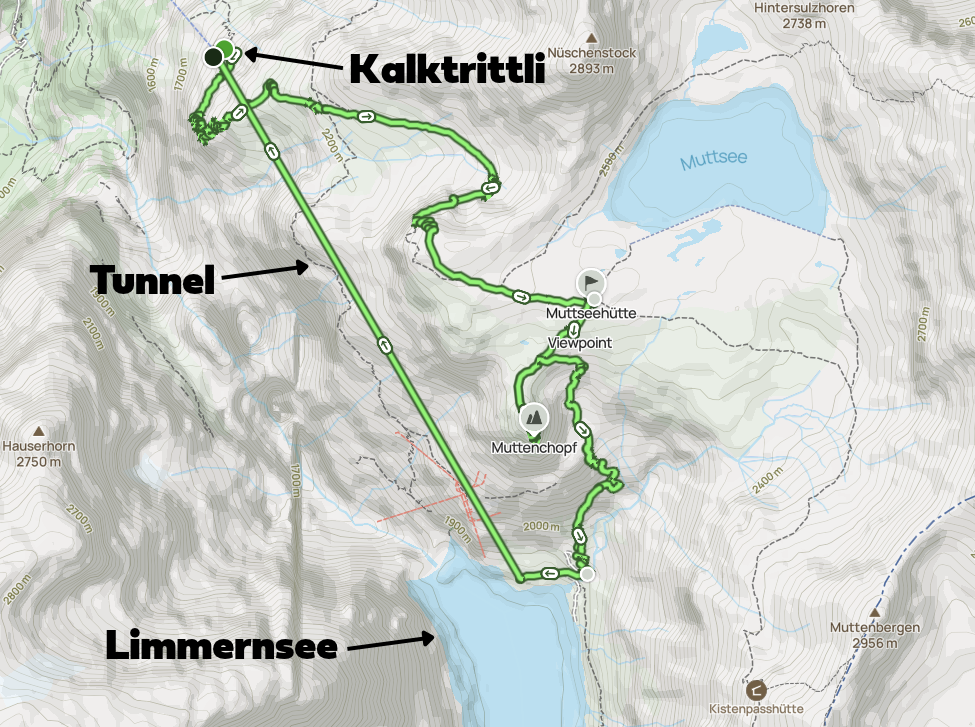A map showing the main highlights of the walk the Limmernsee Hike such as Muttenchopf, a peak where you enjoy the best views of the lake