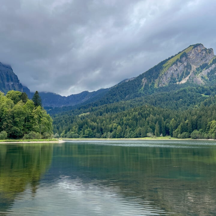 A lake called Obersee Lake in Nafels is seen during a walk called Ahornen Rundweg