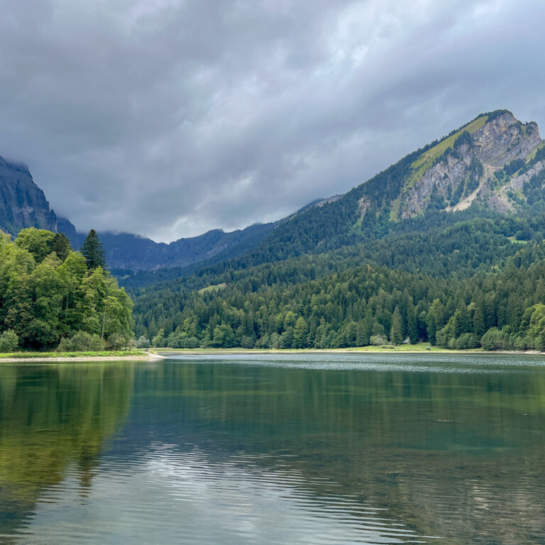 A lake called Obersee Lake in Nafels is seen during a walk called Ahornen Rundweg