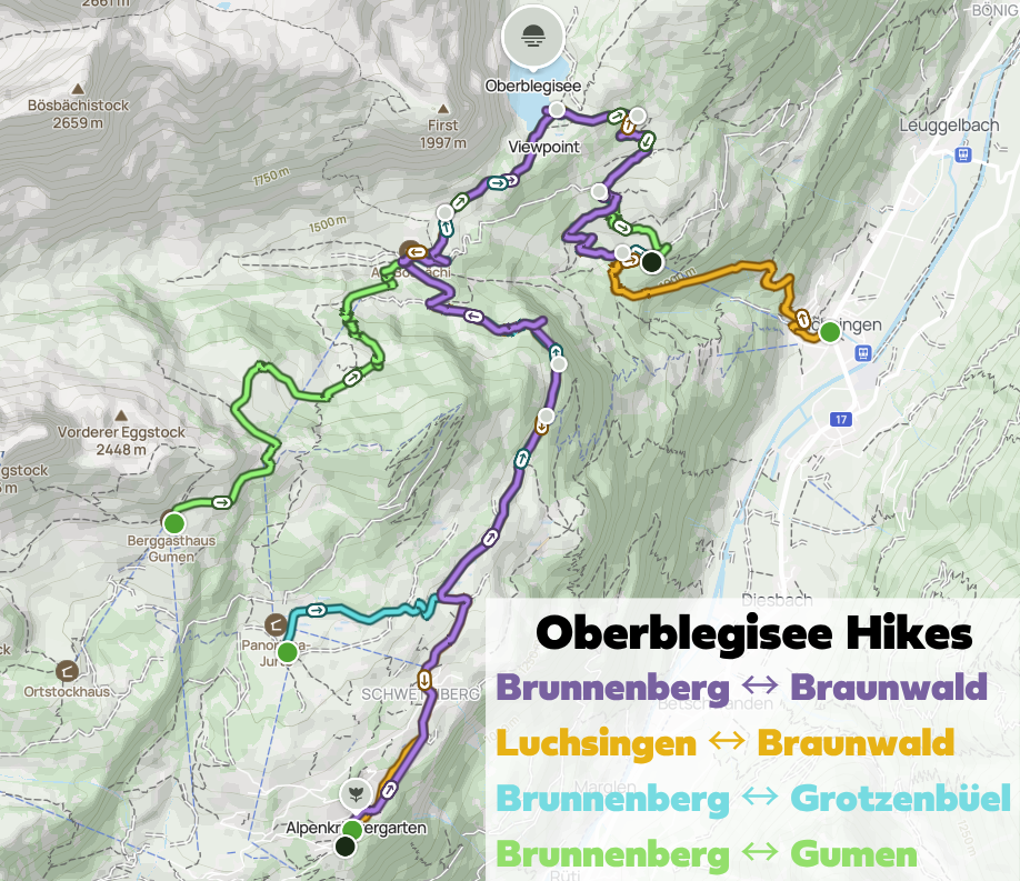 A map which shows four different Oberblegisee hike options