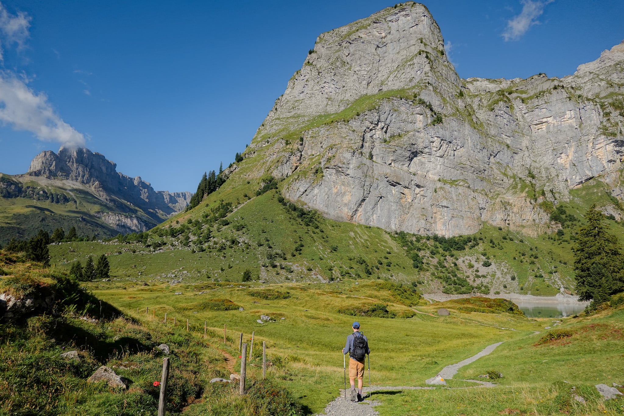 Dan hikes towards Oberblegisee, which is a lake, surrounded by mountains