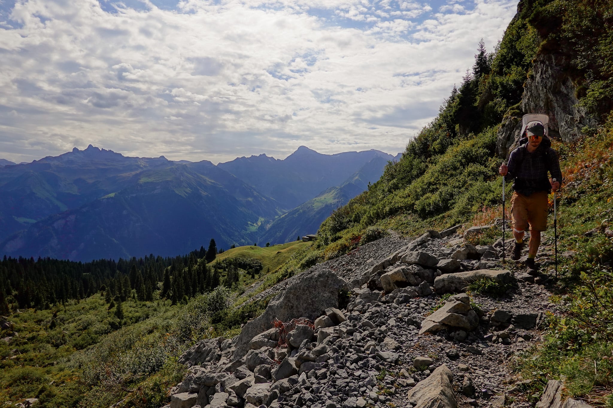 Dan walks on a hike called the Braunwald Panoramaweg with a child carrier insitu
