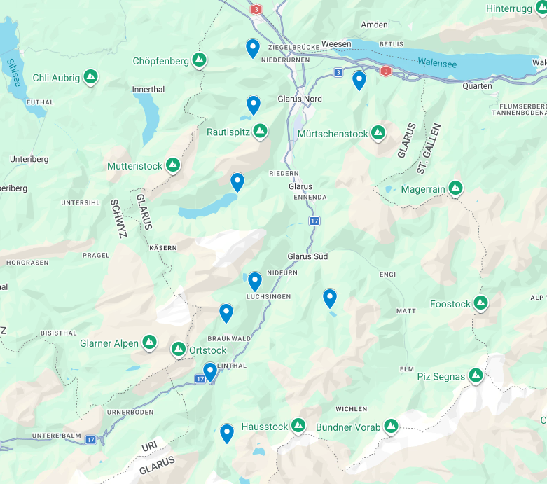 A screenshot of a map showing the starting locations of all the best hikes in Glarus