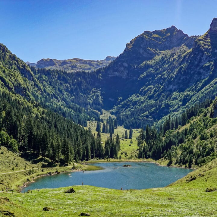 A lake called Talalpsee is surrounded by mountains during a circular walk called the Habergschwänd Talalpsee Hike